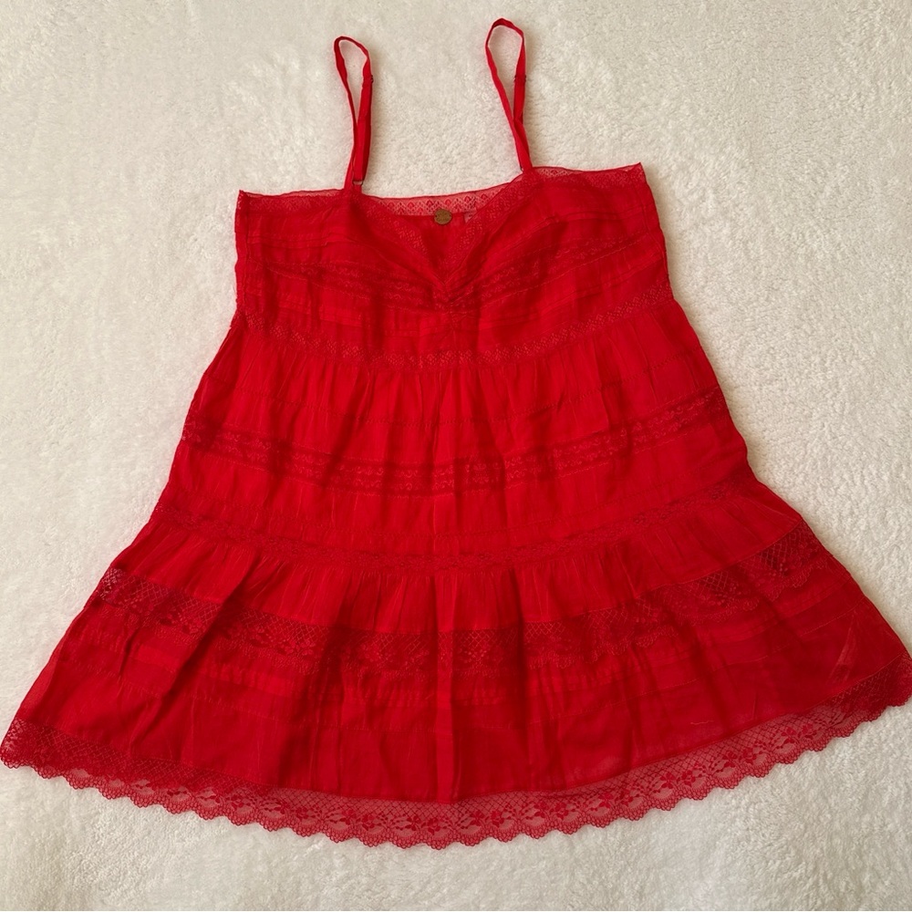 Free People Red Lace Tiered Cami Tunic Boho Babydoll Flowy Tank Festival Top S